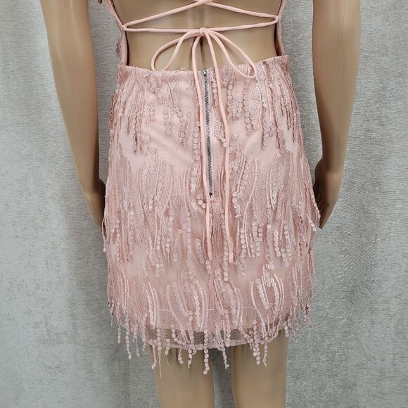 Lulus Making Magic Blush Pink Fringe Lace-Up Mini Dress Women's Size Small - Picture 7 of 13